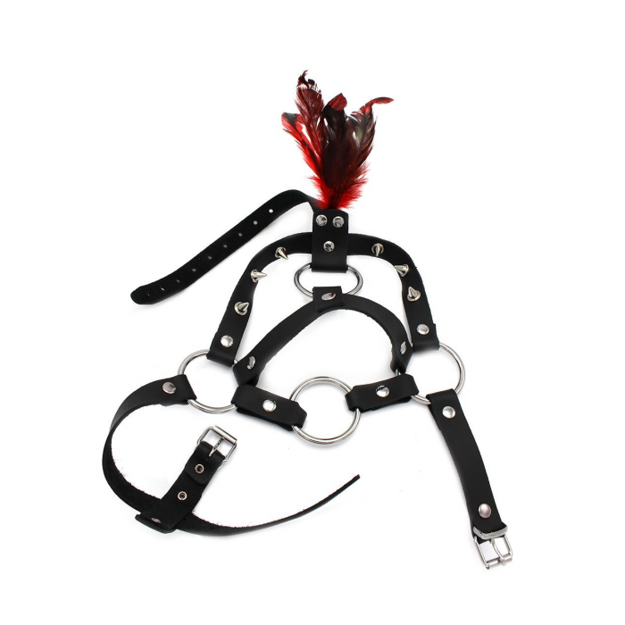 LEATHER HEAD SPIKED HARNESS WITH FEATHER