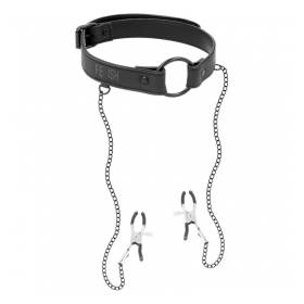 FETISH SUBMISSIVE RING GAG WITH NIPPLE CLAMPS